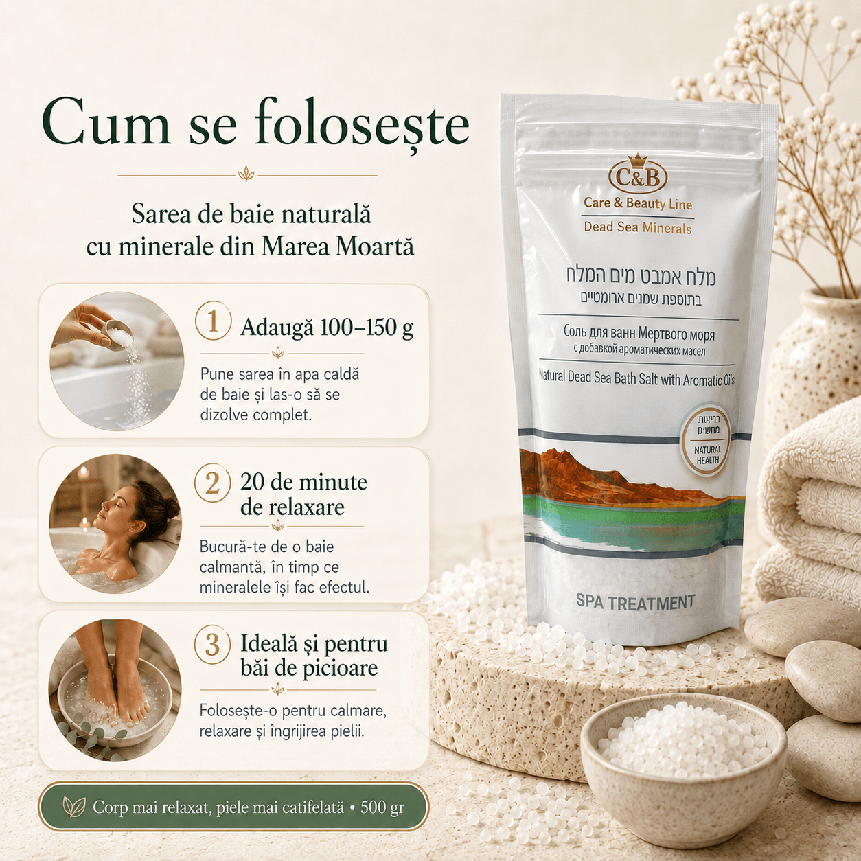 Sare de Baie Naturală din Marea Moartă – Relaxare, Detoxifiere și Îngrijire Minerală