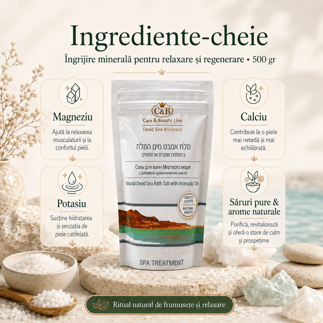Sare de Baie Naturală din Marea Moartă – Relaxare, Detoxifiere și Îngrijire Minerală