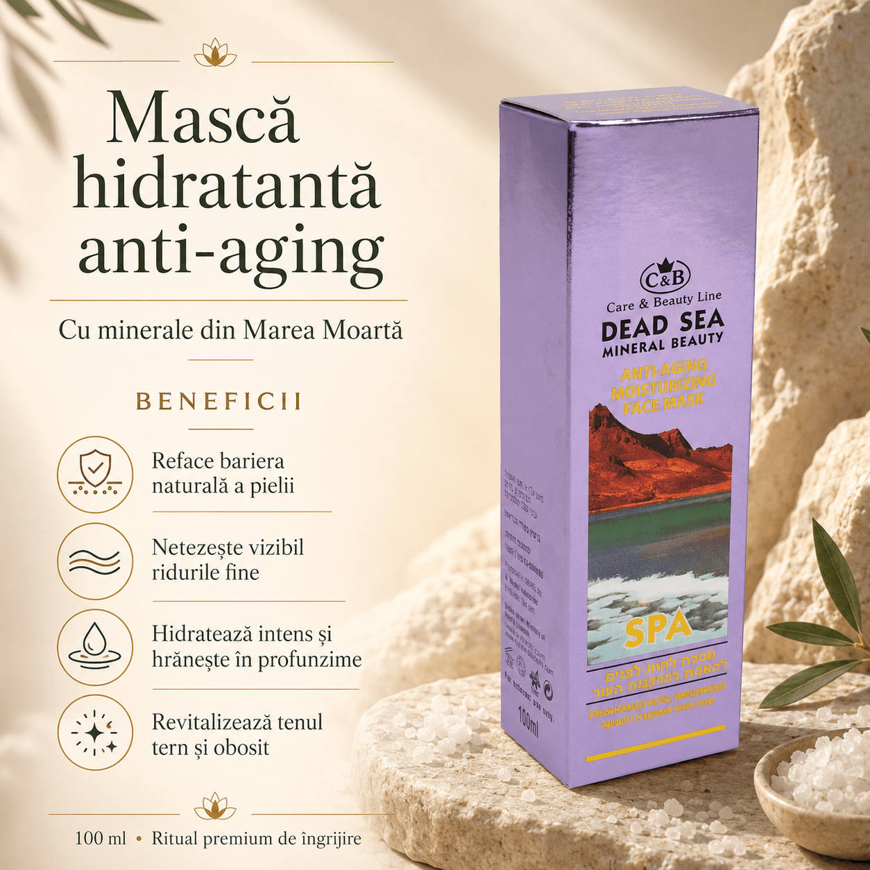 Mască de față hidratantă, anti-îmbătrânire, cu minerale din Marea Moartă
