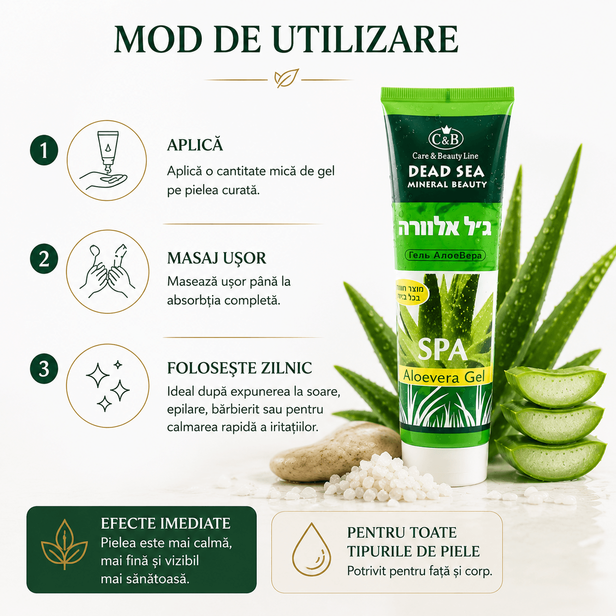 Aloe Vera Gel cu Minerale din Marea Moartă – Calmare, Hidratare și Răcorire Intensă