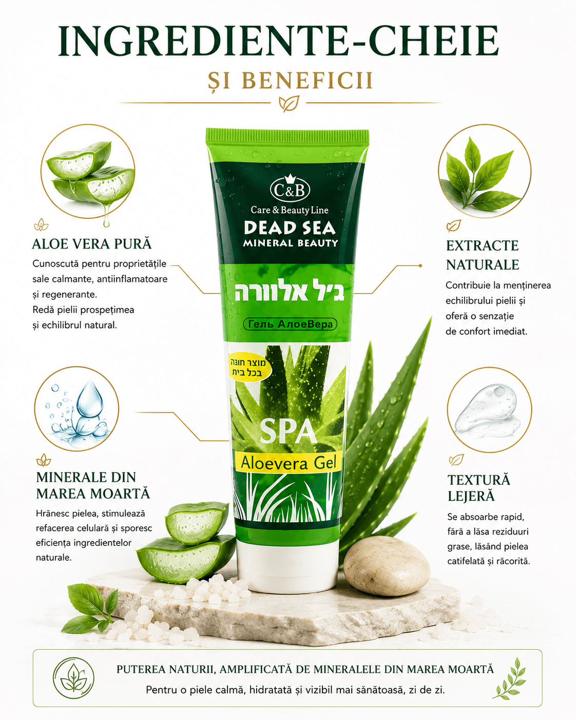 Aloe Vera Gel cu Minerale din Marea Moartă – Calmare, Hidratare și Răcorire Intensă