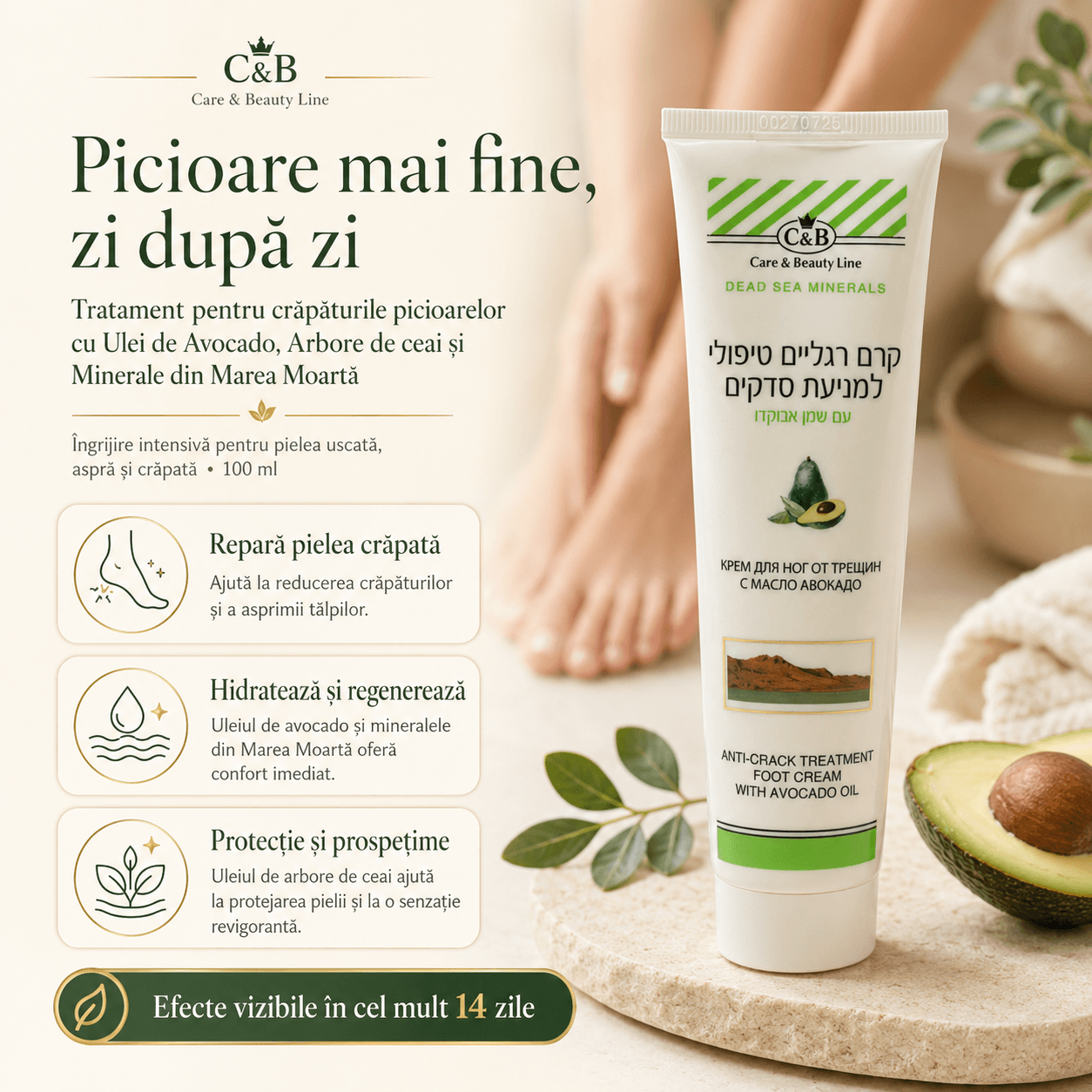 Cremă Anti-Crăpături pentru Picioare cu Ulei de Avocado și Minerale din Marea Moartă