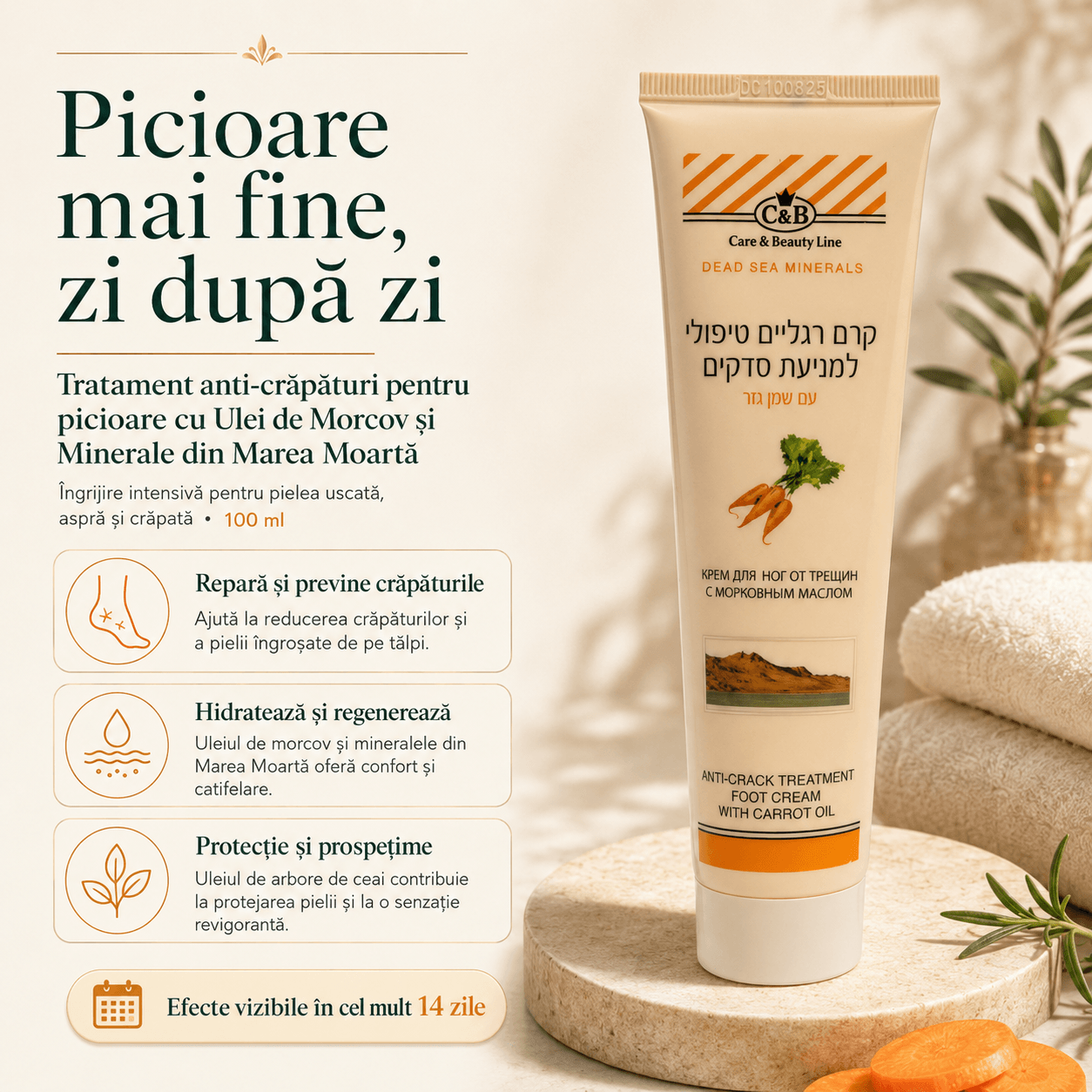 Tratament anti-crăpături pentru picioare cu Ulei de Morcov și Minerale din Marea Moartă